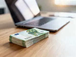 Kalkulator i plik banknotów na biurku, symbolizujące planowanie finansów i obliczanie wynagrodzenia.