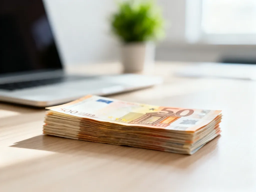 Stos banknotów euro na drewnianym biurku, symbolizujący przelicznik walut i finanse.