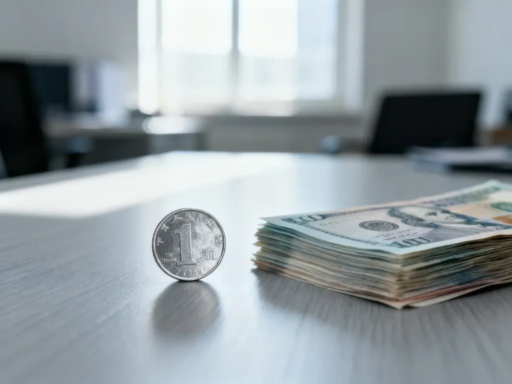 Srebrna moneta i plik banknotów na biurku, symbolizujące kwestie finansowe i obliczenia wynagrodzeń.