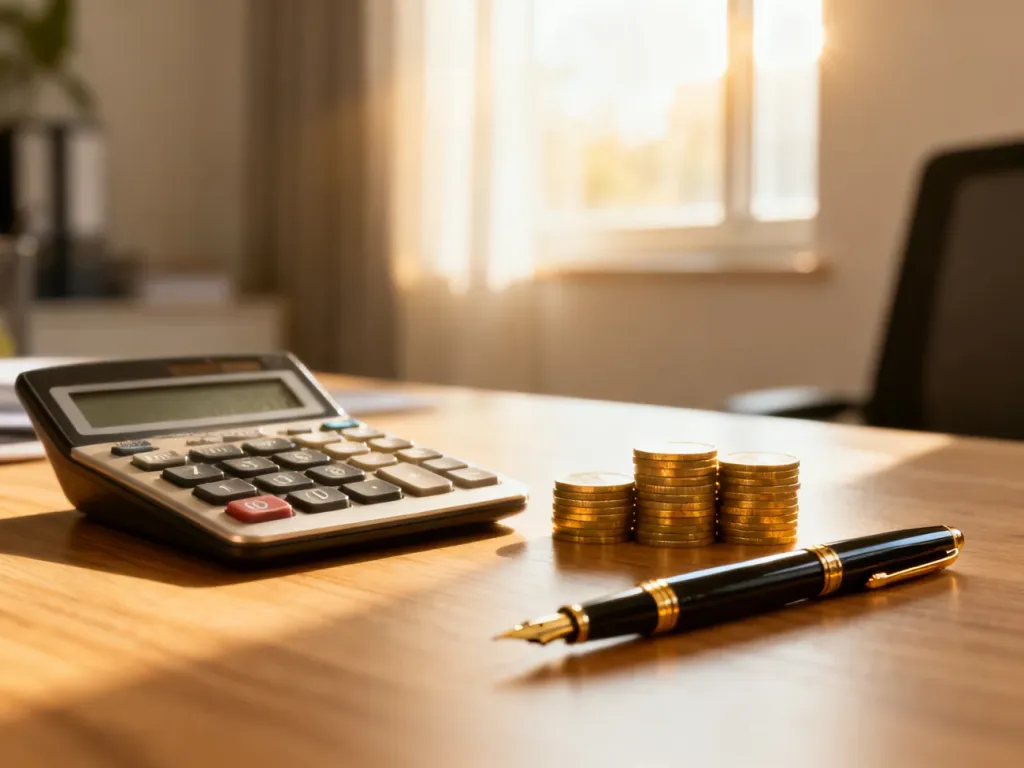 Kalkulator, monety i pióro na biurku, symbolizujące profesjonalne obliczenia finansowe i planowanie budżetu.