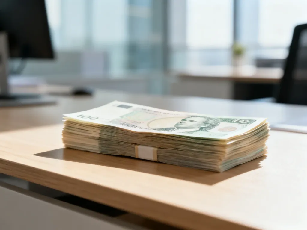 Stos banknotów na drewnianym biurku, symbolizujący wynagrodzenie i finanse w kontekście obliczeń płacowych.
