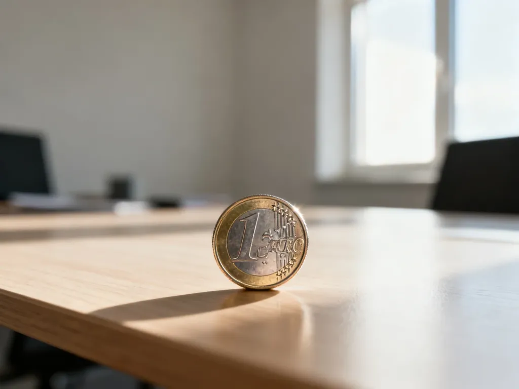 Błyszcząca moneta euro leżąca na drewnianym stole, symbolizująca przelicznik walut i operacje finansowe.