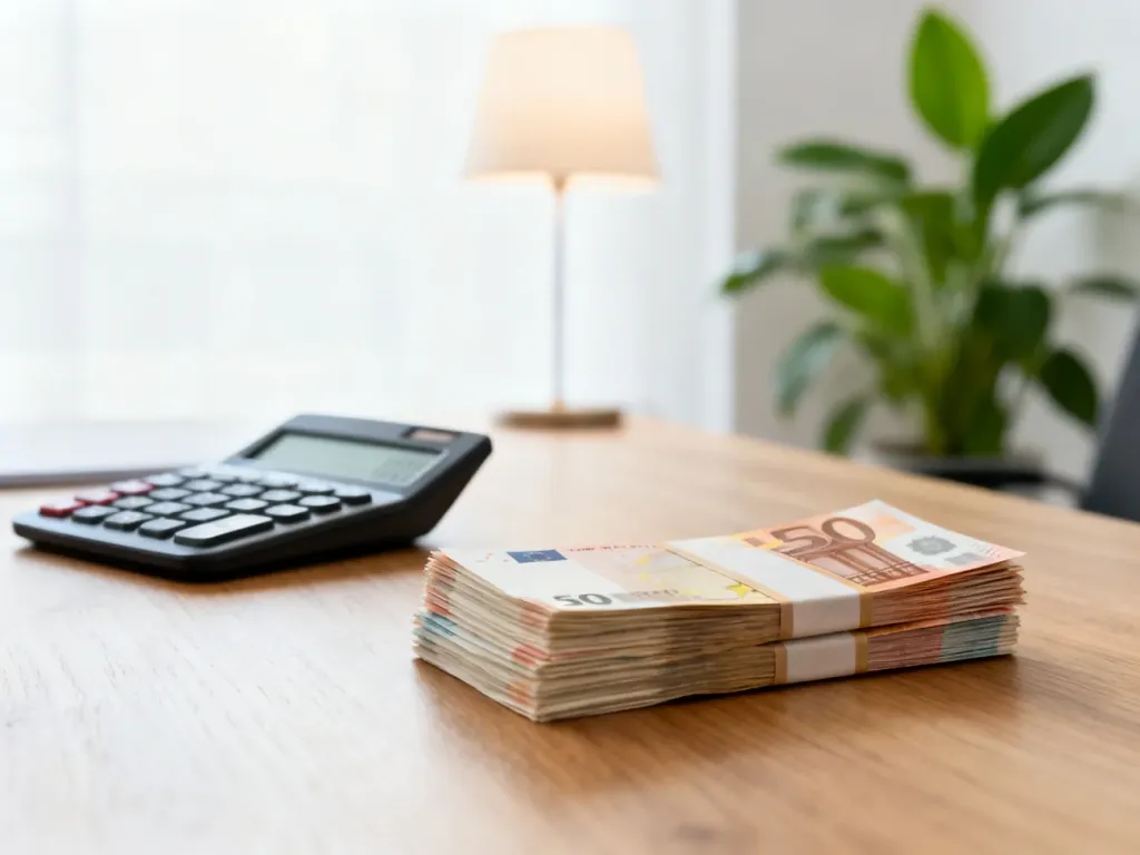 Kalkulator i plik banknotów na biurku, symbolizujące planowanie finansów i obliczanie wynagrodzenia.
