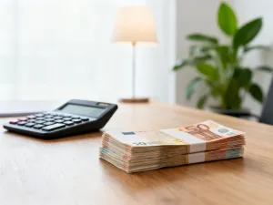 Kalkulator, monety i długopis na biurku, symbolizujące planowanie budżetu i obliczanie wynagrodzenia.