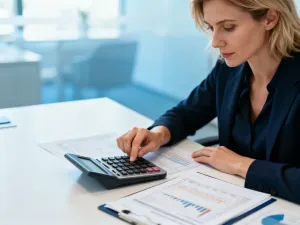 Mężczyzna skupiony na obliczeniach finansowych na tablecie w nowoczesnym biurze domowym.