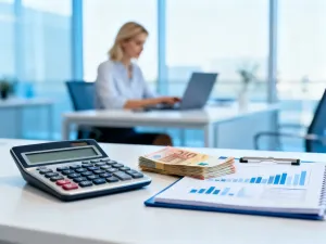 Profesjonalista analizujący wykresy finansowe na tablecie w nowoczesnym biurze, symbolizujący planowanie budżetu.
