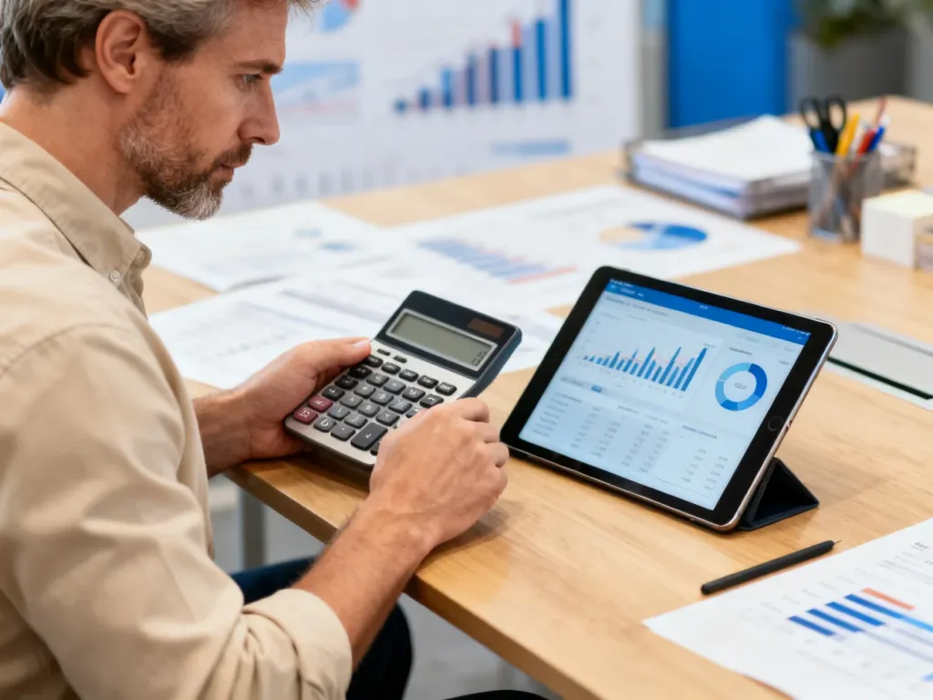 Mężczyzna przy biurku oblicza wynagrodzenie na kalkulatorze i tablecie, analizując dane finansowe.