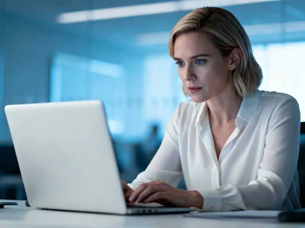 Kobieta pracująca przy laptopie w nowoczesnym biurze, skupiona na analizie danych finansowych lub obliczeniach wynagrodzenia.