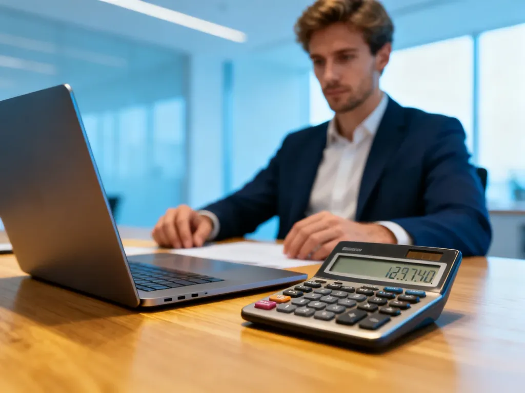 Mężczyzna przy biurku z laptopem i kalkulatorem, symbolizujący profesjonalne planowanie finansów i obliczanie wynagrodzenia.