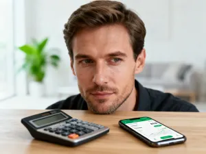 Kobieta pracująca przy biurku z laptopem i kalkulatorem, analizująca wykresy finansowe w nowoczesnym biurze.