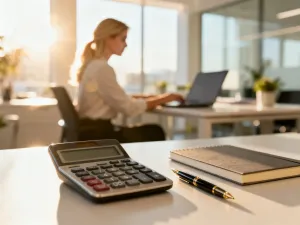 Profesjonalne biurko z kalkulatorem i dokumentami finansowymi oraz pracujący w tle mężczyzna przy laptopie.