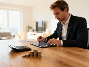 Kobieta przy biurku analizuje obliczenia finansowe na kalkulatorze i notatniku, planując domowy budżet.