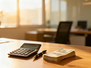 Kalkulator i dokumenty finansowe na biurku w nowoczesnym biurze, ilustrujące obliczanie wynagrodzenia netto.