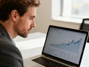 Kobieta pracująca przy laptopie w nowoczesnym biurze, skupiona na analizie danych finansowych lub obliczeniach wynagrodzenia.