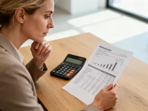 Kobieta pracująca przy biurku z laptopem i kalkulatorem, symbolizująca planowanie finansów i obliczanie wynagrodzenia.