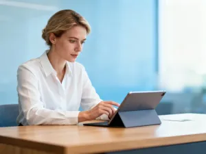 Mężczyzna skupiony na obliczeniach finansowych na tablecie w nowoczesnym biurze domowym.