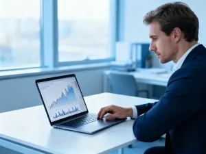Pracownik biurowy skupiony na pracy przy laptopie w nowoczesnym wnętrzu, analizujący kwestie wynagrodzeń.