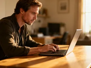Profesjonalista analizujący wykresy finansowe na laptopie w nowoczesnym biurze, ilustrujący tematykę wynagrodzeń.