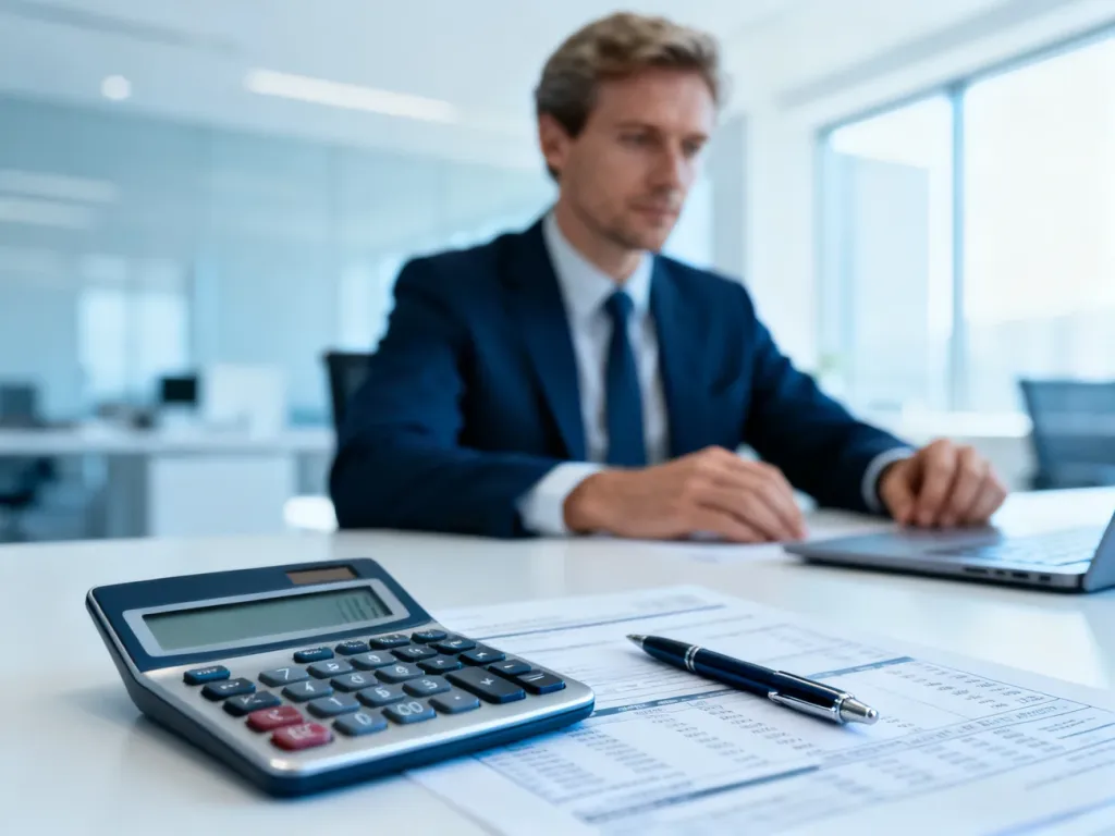 Mężczyzna przy biurku z kalkulatorem i dokumentami finansowymi, symbolizujący obliczanie wynagrodzenia netto i brutto.
