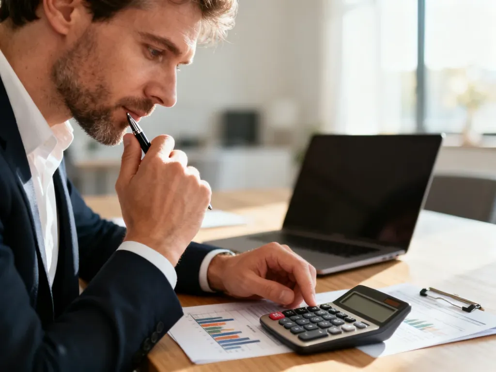 Mężczyzna przy biurku analizuje dokumenty finansowe i kalkulator, planując domowy budżet.