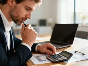 Kobieta przy biurku analizuje obliczenia finansowe na kalkulatorze i notatniku, planując domowy budżet w jasnym biurze.