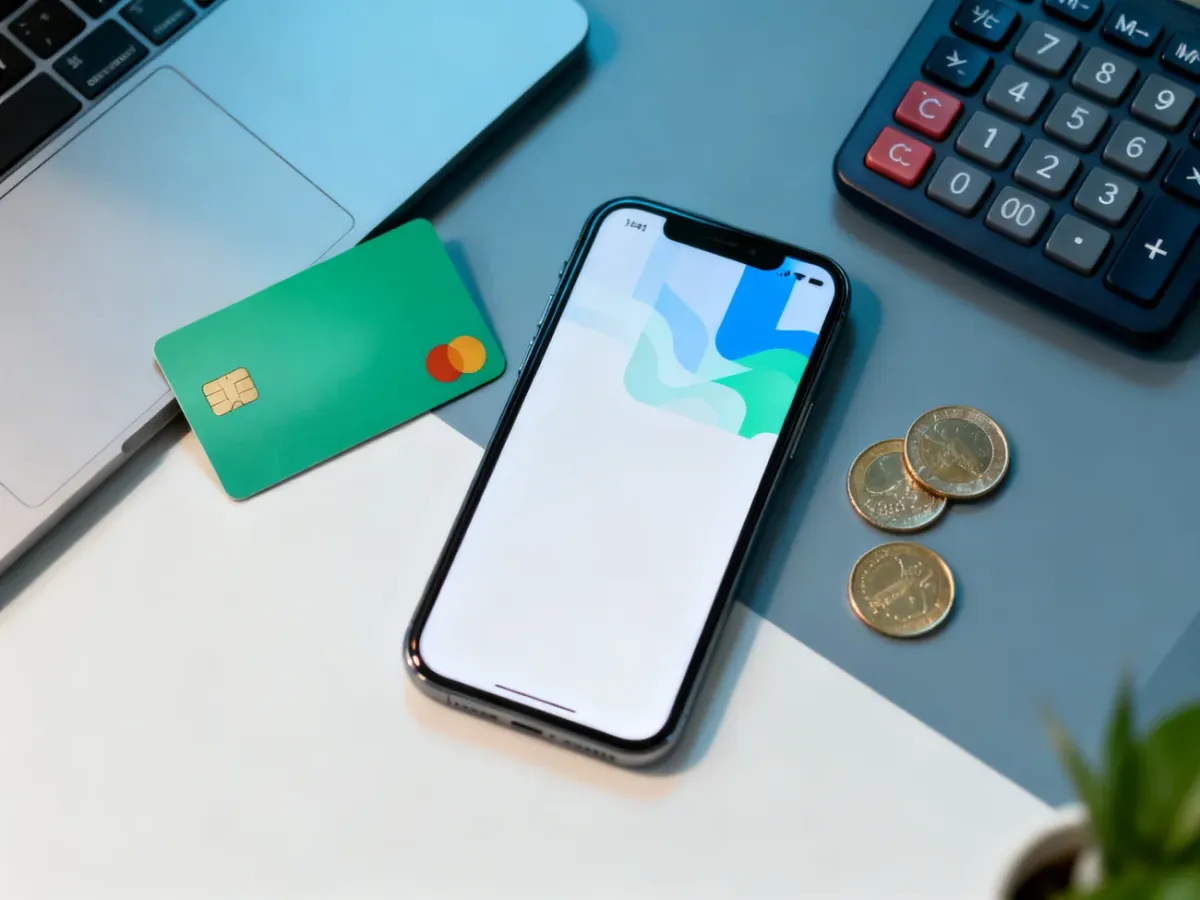Karta debetowa, smartfon i kalkulator na biurku podczas porównywania kont bankowych