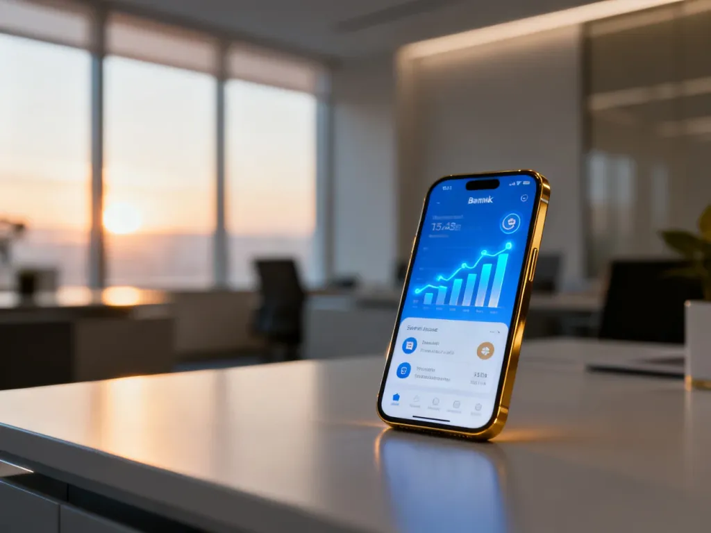 Nowoczesny smartfon z aplikacją do zarządzania finansami osobistymi na tle minimalistycznego biura.