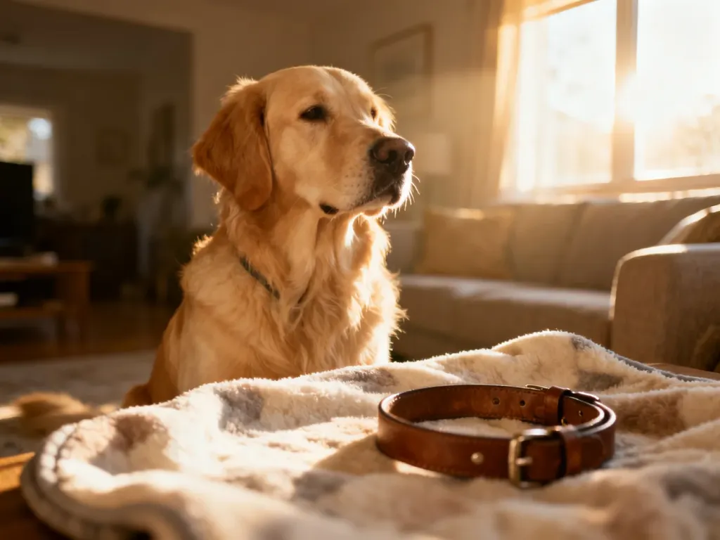 Golden retriever siedzący spokojnie w przytulnym salonie, symbolizujący bezpieczeństwo i opiekę nad psem.
