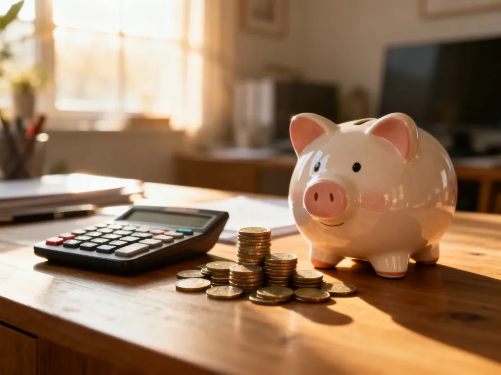 Biurko z kalkulatorem, monetami i skarbonką, symbolizujące planowanie finansowe i rozliczenia podatkowe.