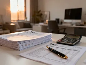 Złote monety i pióro wieczne na drewnianym biurku, symbolizujące profesjonalne inwestowanie i stabilność finansową.