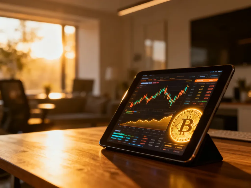 Tablet z wykresami kryptowalut i danymi finansowymi na biurku, ilustrujący proces rozliczania podatków od inwestycji.