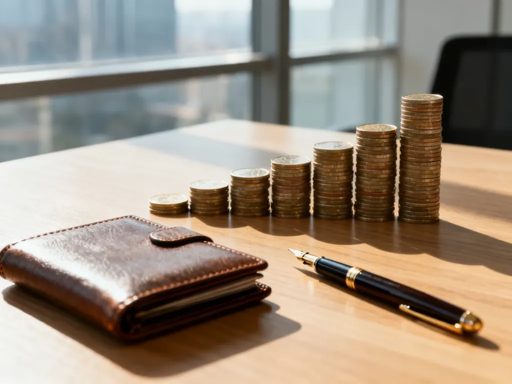 Minimalistyczne biurko z portfelem i monetami ułożonymi w wykres, symbolizujące planowanie finansów i oszczędzanie.