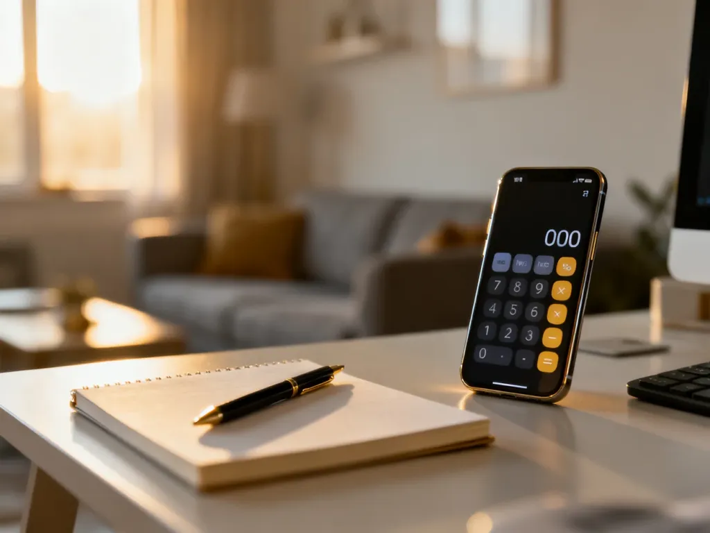 Nowoczesne biurko z kalkulatorem finansowym w smartfonie i notatnikiem, symbolizujące planowanie domowego budżetu.
