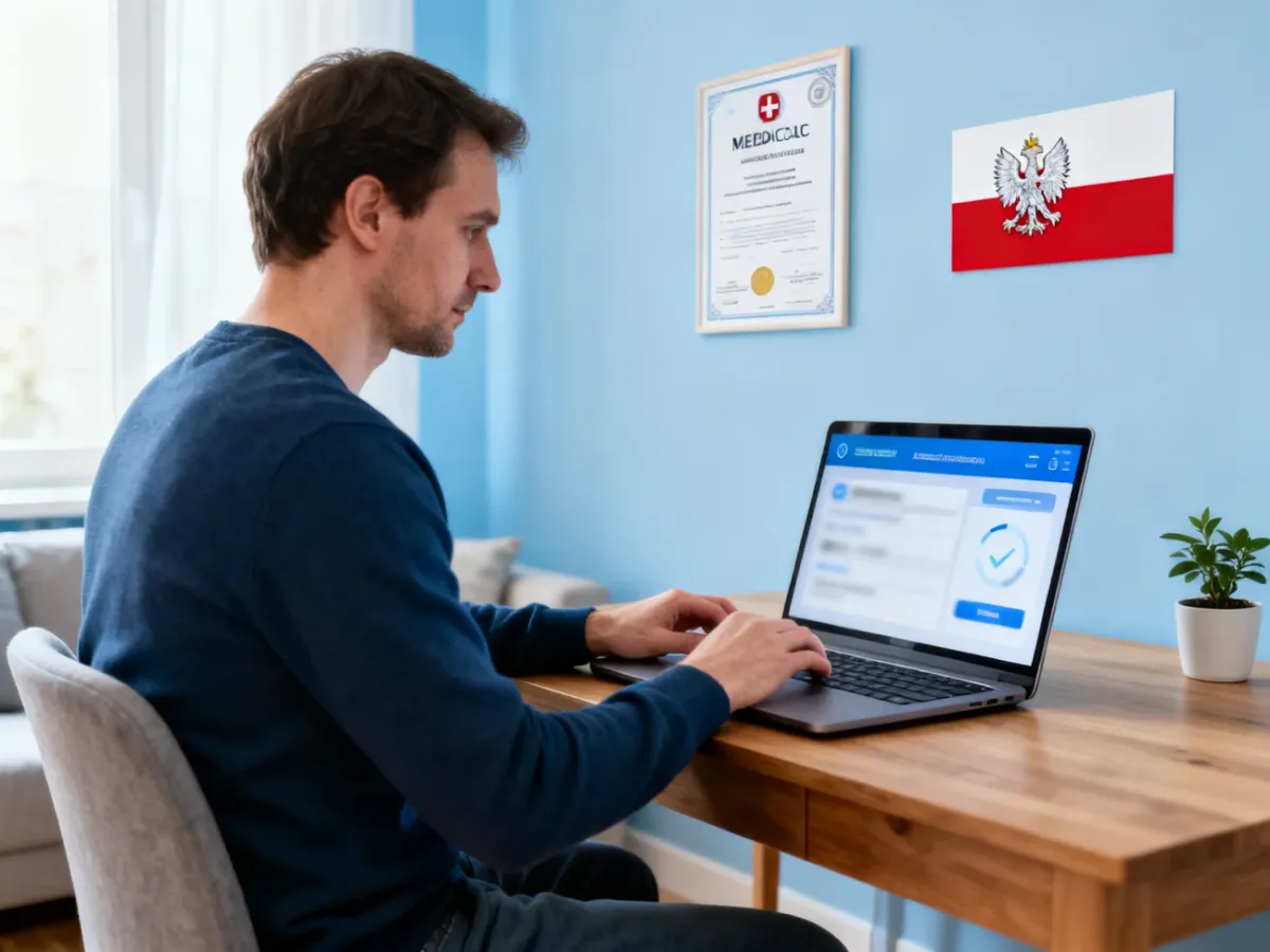 Pacjent sprawdzający ubezpieczenie zdrowotne online na laptopie