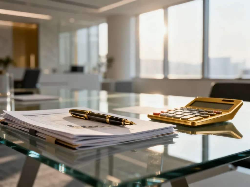 Eleganckie biurko z dokumentami finansowymi i kalkulatorem, symbolizujące profesjonalne zarządzanie finansami.
