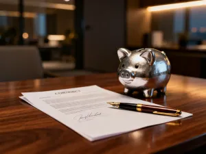 Złote monety i pióro wieczne na dokumentach finansowych, symbolizujące zarządzanie kapitałem i inwestycje.