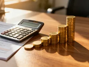 Nowoczesne biurko z laptopem i dokumentami finansowymi, symbolizujące planowanie wydatków i zarządzanie budżetem domowym.
