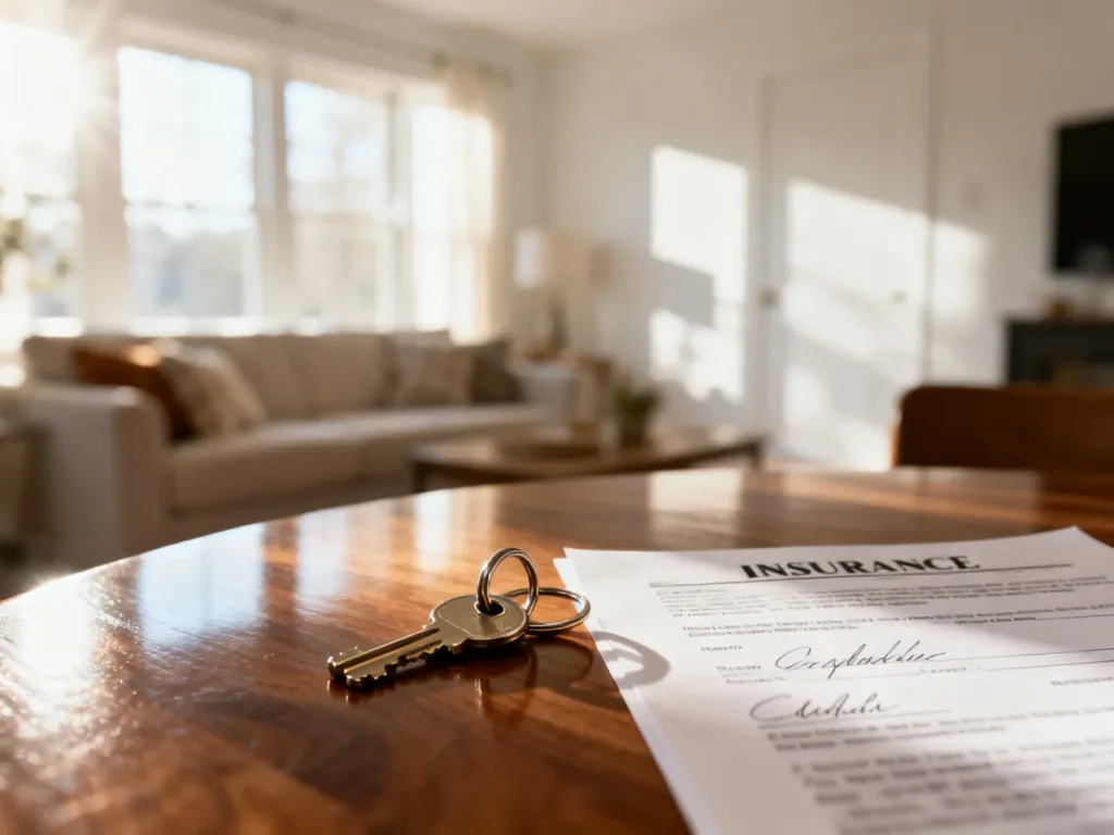 Klucze do mieszkania leżące na stole obok podpisanej polisy ubezpieczeniowej w przytulnym, nowoczesnym wnętrzu.