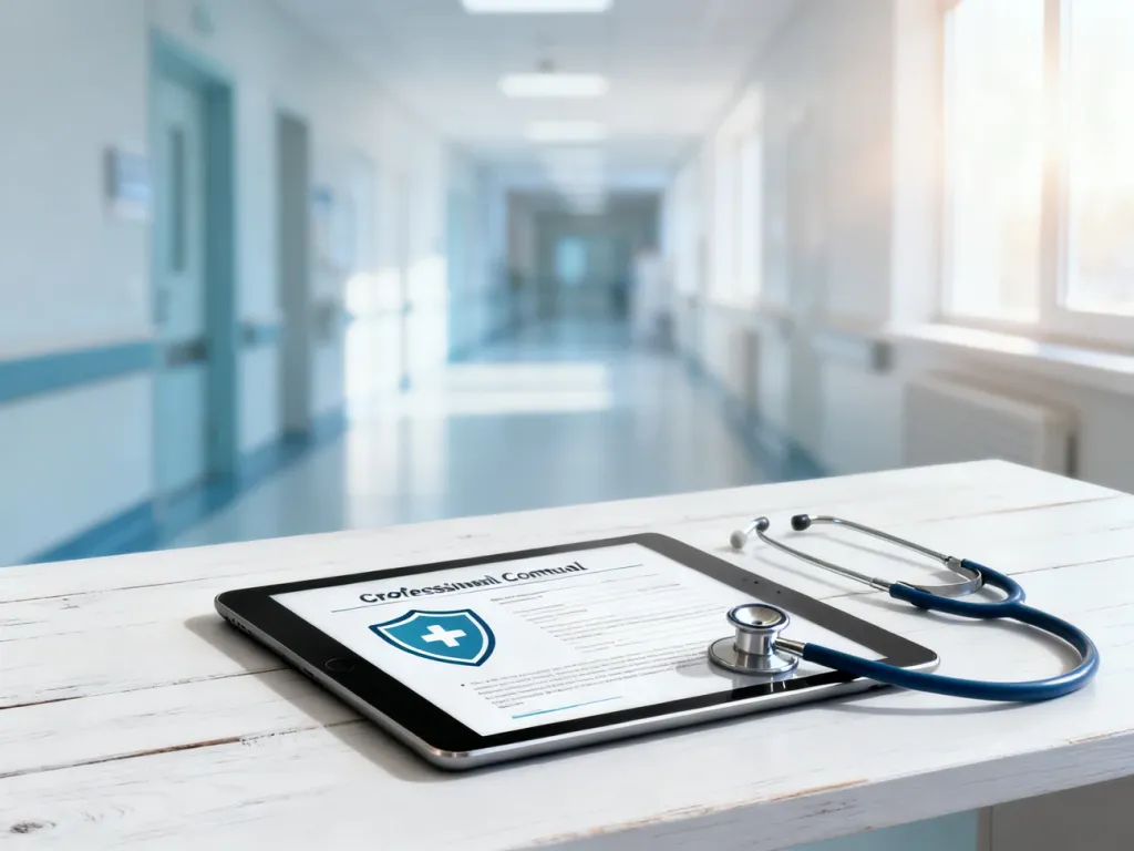 Tablet z dokumentem ubezpieczeniowym i stetoskopem na biurku, symbolizujące profesjonalną opiekę medyczną.