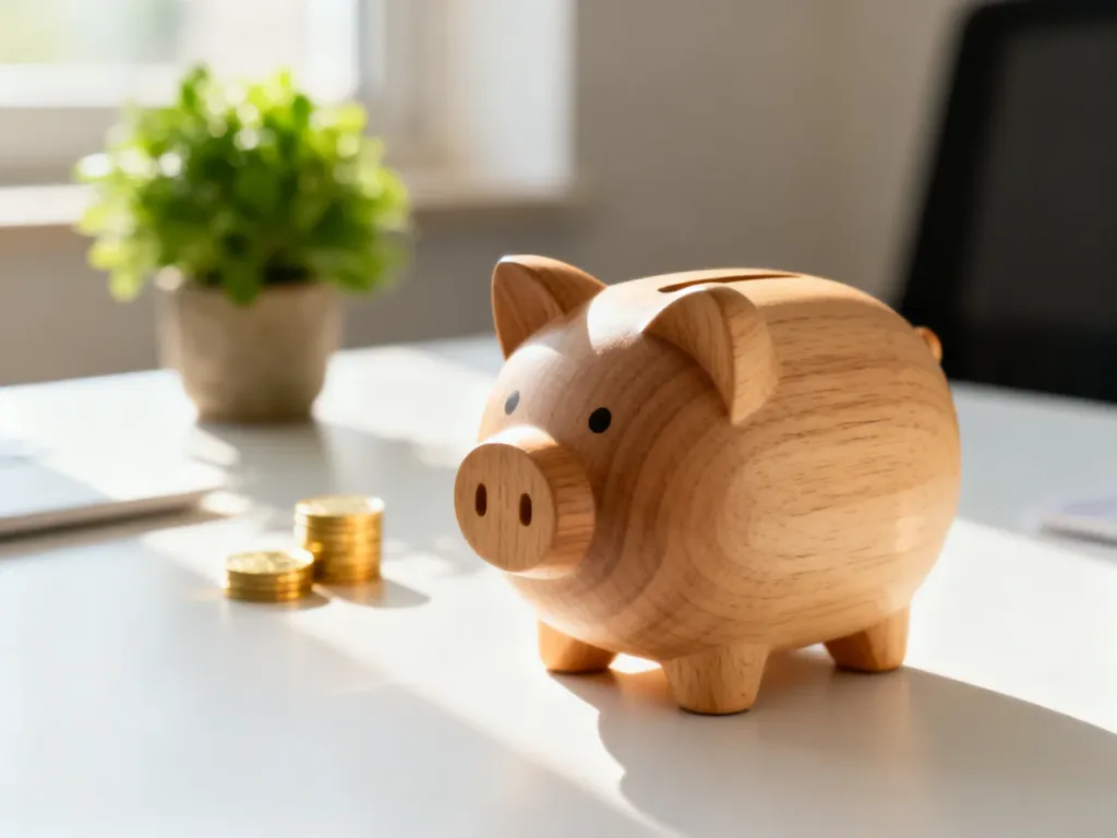 Minimalistyczna drewniana skarbonka na biurku, symbolizująca początek oszczędzania i dbanie o finanse osobiste.