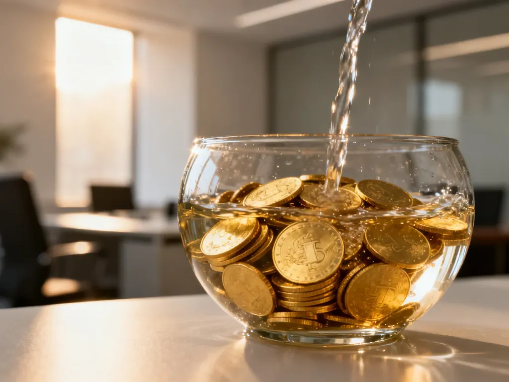 Szklana misa ze złotymi monetami i wodą, symbolizująca płynność finansową w nowoczesnym biurowym wnętrzu.