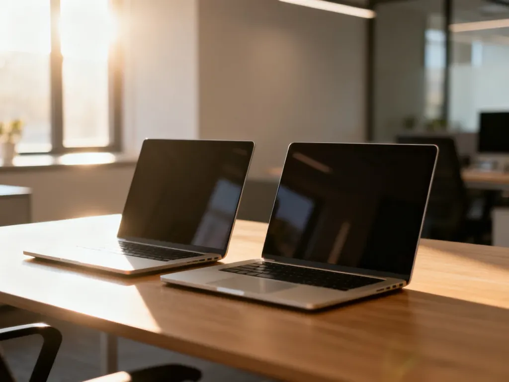 Dwa otwarte laptopy na drewnianym biurku, symbolizujące pracę w dwóch miejscach jednocześnie.