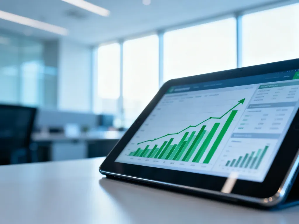 Tablet z wykresami finansowymi prezentujący porównanie ofert bankowych w nowoczesnym biurze.