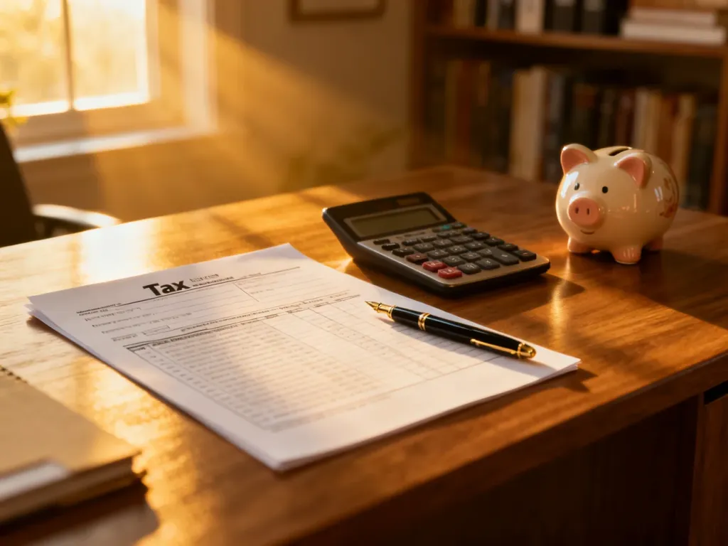 Biurko z formularzem podatkowym, kalkulatorem i skarbonką w ciepłym świetle poranka, symbolizujące rozliczenie finansów.