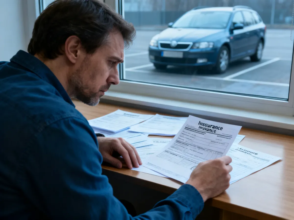 Właściciel samochodu sprawdzający dokumenty dotyczące ubezpieczenia OC