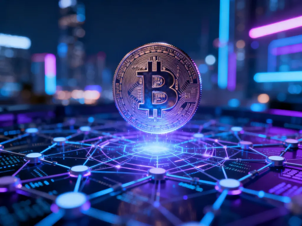 Świecący symbol bitcoina na tle cyfrowej sieci blockchain i neonowego miasta, ilustrujący działanie kryptowalut.