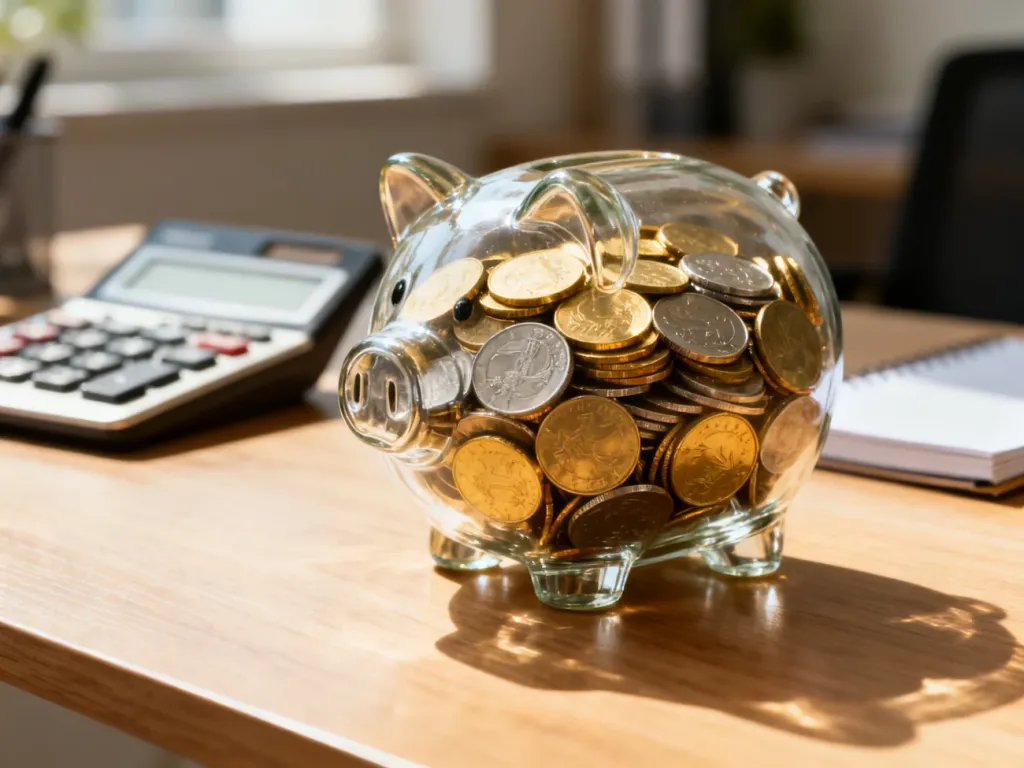 Szklana skarbonka wypełniona monetami na biurku, symbolizująca budowanie oszczędności i bezpieczeństwa finansowego.