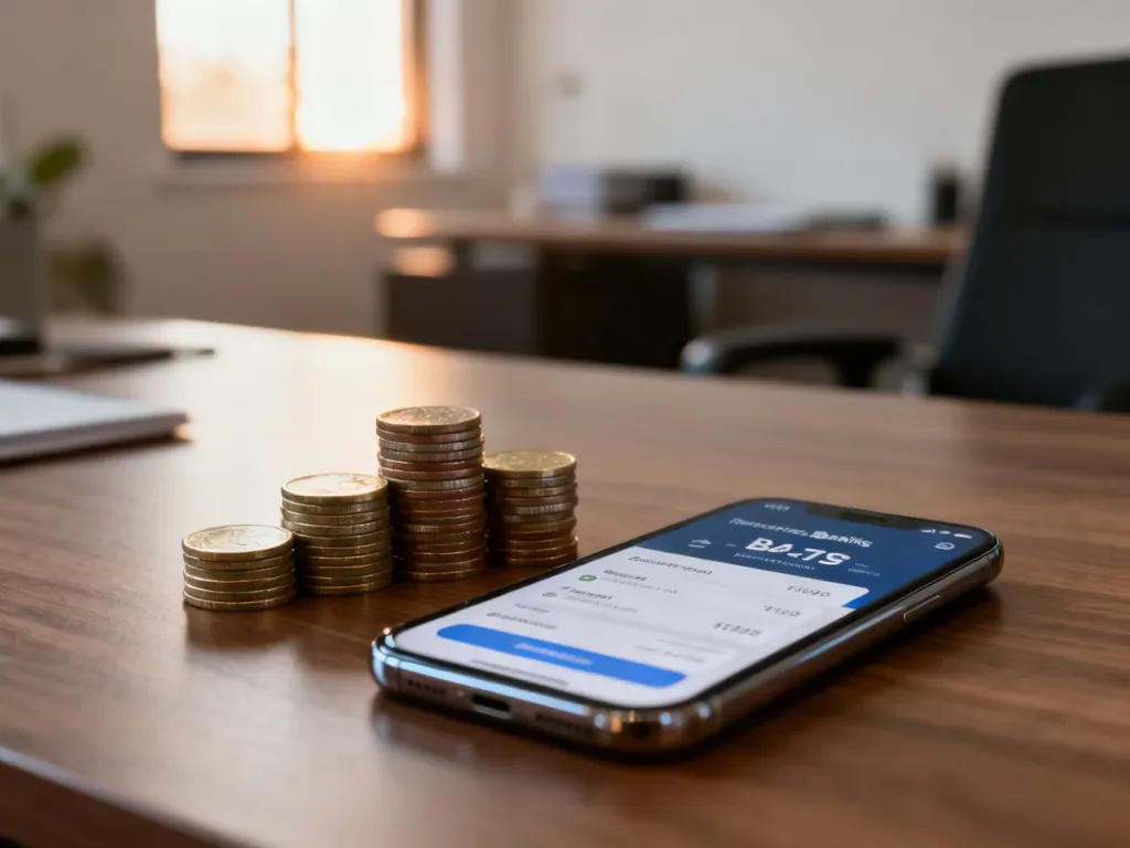 Stos monet i smartfon z aplikacją bankową na biurku, symbolizujące szybki dostęp do finansowania online.