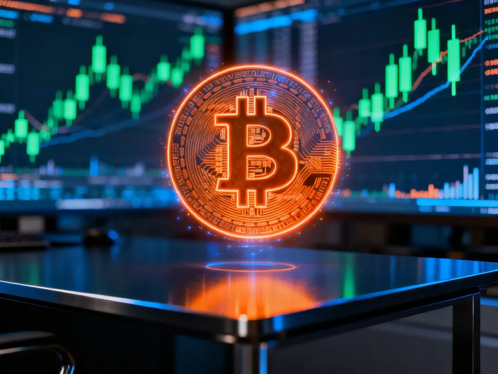 Świecący hologram Bitcoina na tle cyfrowych wykresów giełdowych, symbolizujący inwestowanie w kryptowaluty.