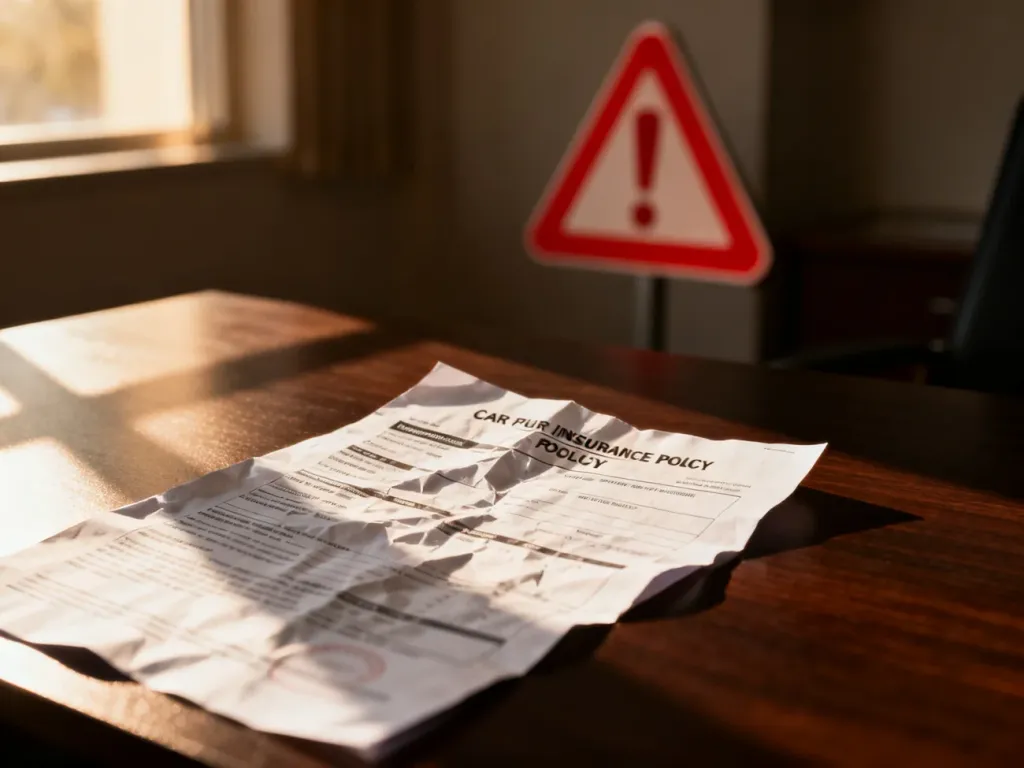 Pognieciony dokument ubezpieczenia OC na biurku z rozmytym znakiem ostrzegawczym w tle, symbolizującym karę finansową.